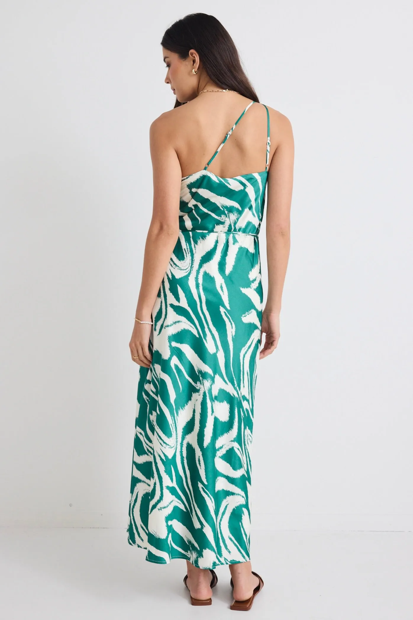 Fame Green Zebra Satin One Shoulder Bias Slip Dress