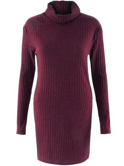 Fashion Long Sleeve Casual High Neck Striped Knit Sweater Dress