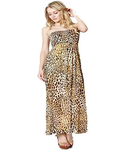 Fashion Secerts LEOPARD Animal Print Long Summer Dress Sleevless Smocked Top