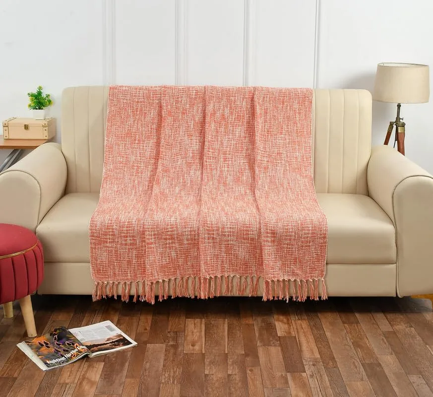 Fashion Throw 100% Cotton Handloom Throw Soft Blanket (FT_01) for Winter Warm Comforter/Throw | AC Blanket Sofa Couch Throw/Blanket_(50 x60 inch)_Orange/White