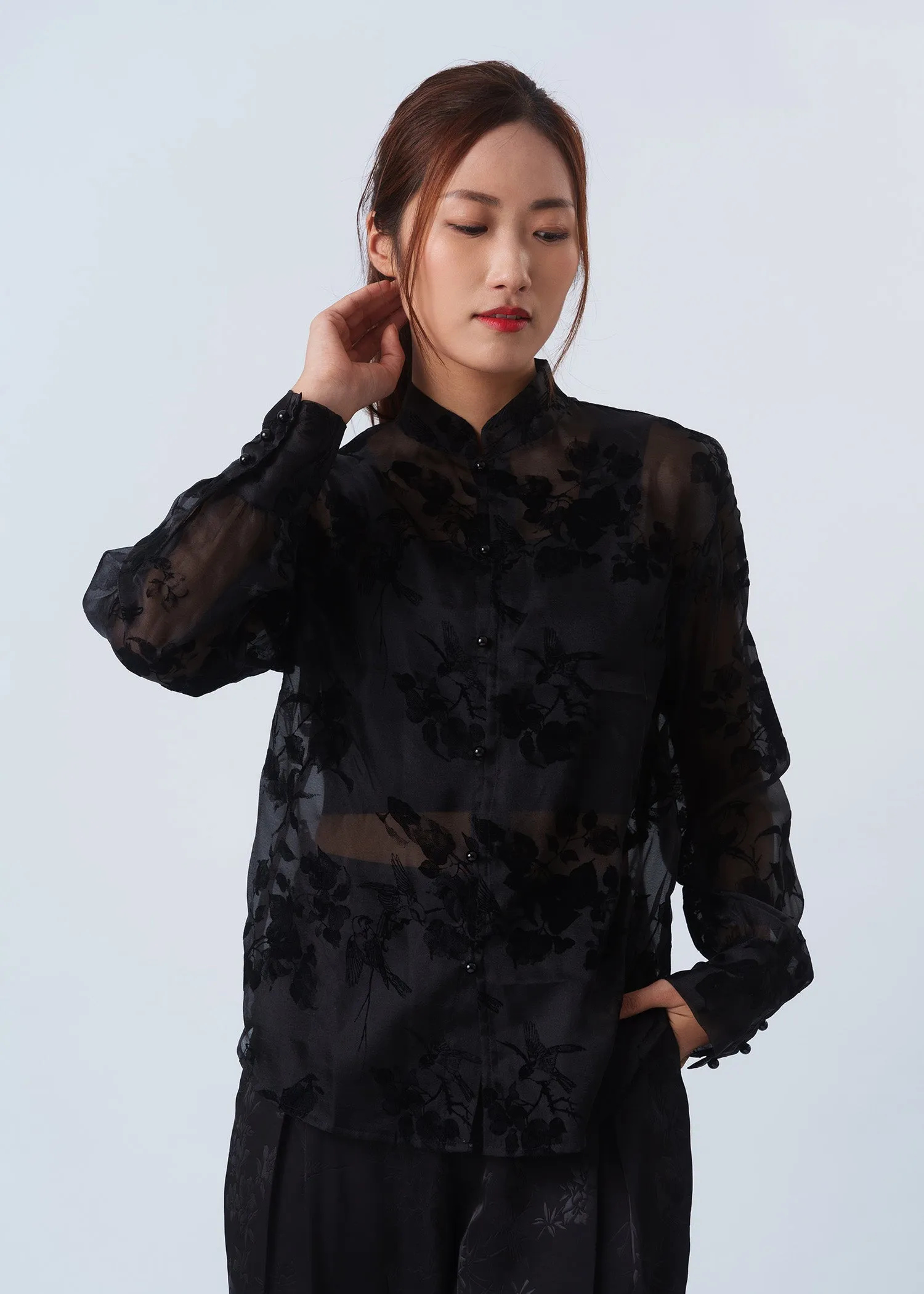 Floral Print Sheer Tang Shirt (Black)