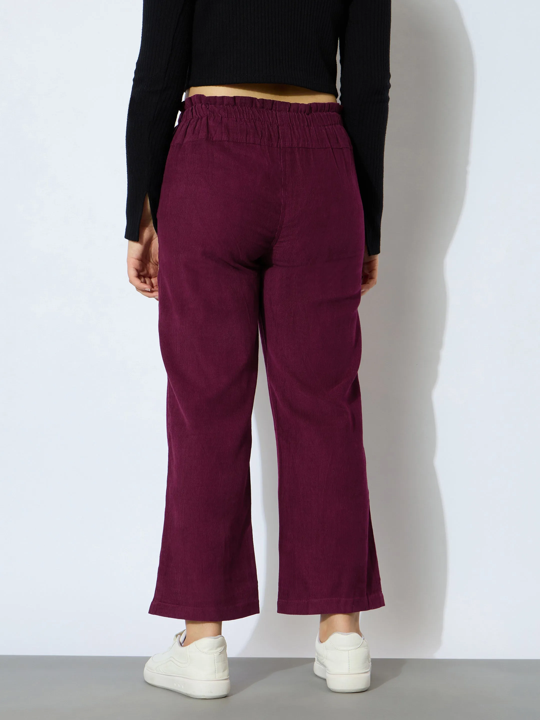 Girl Maroon Corduroy Paper Bag Waist Pants