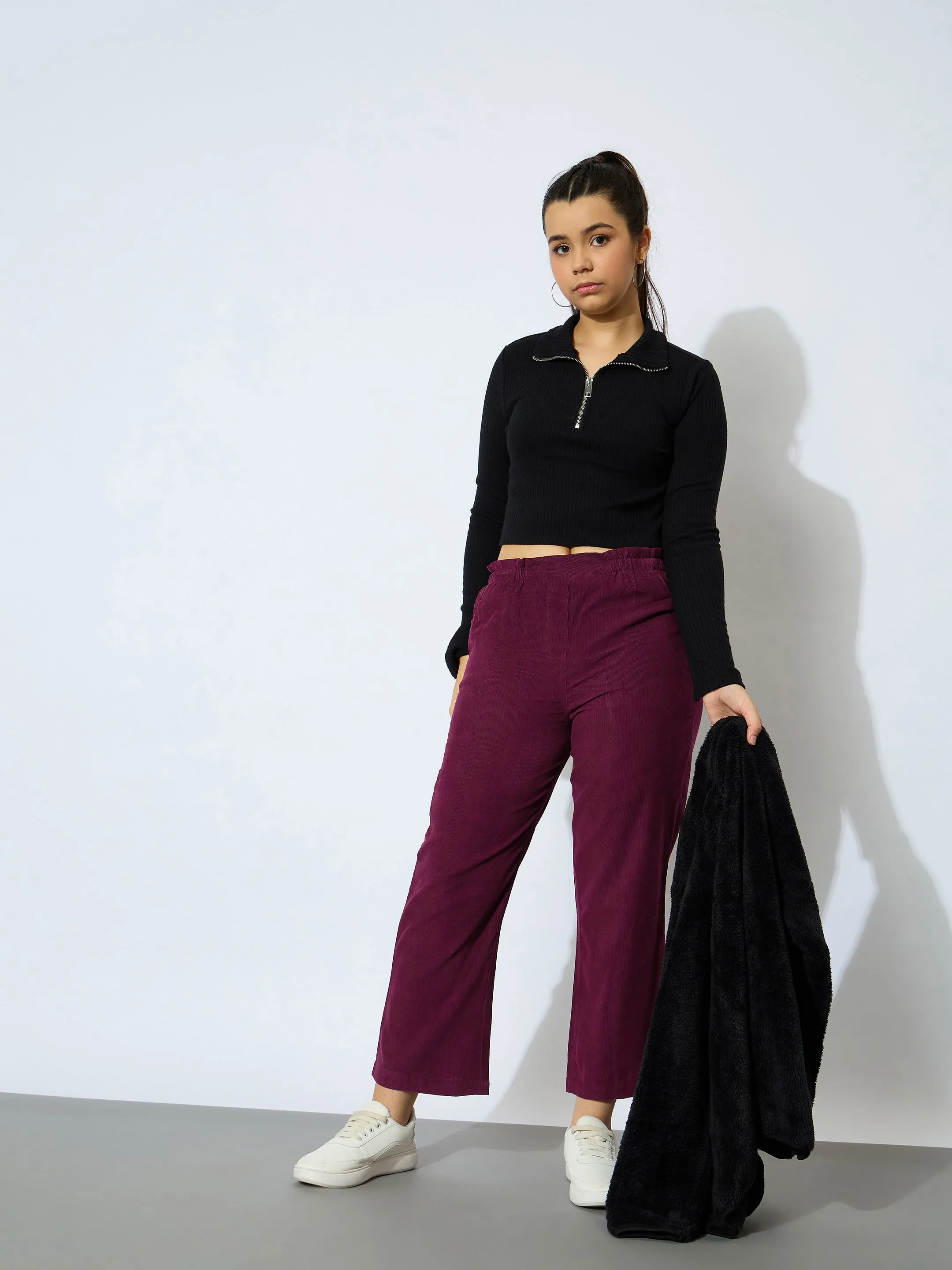 Girl Maroon Corduroy Paper Bag Waist Pants