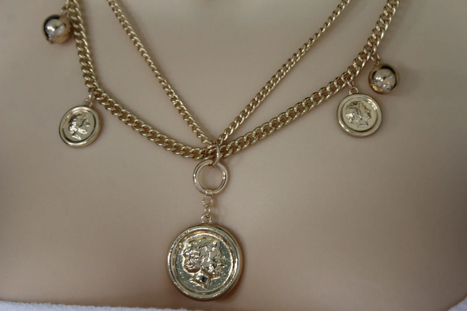 Gold Metal Chain Link Multi Coins 2 Strands Charms Long Necklace