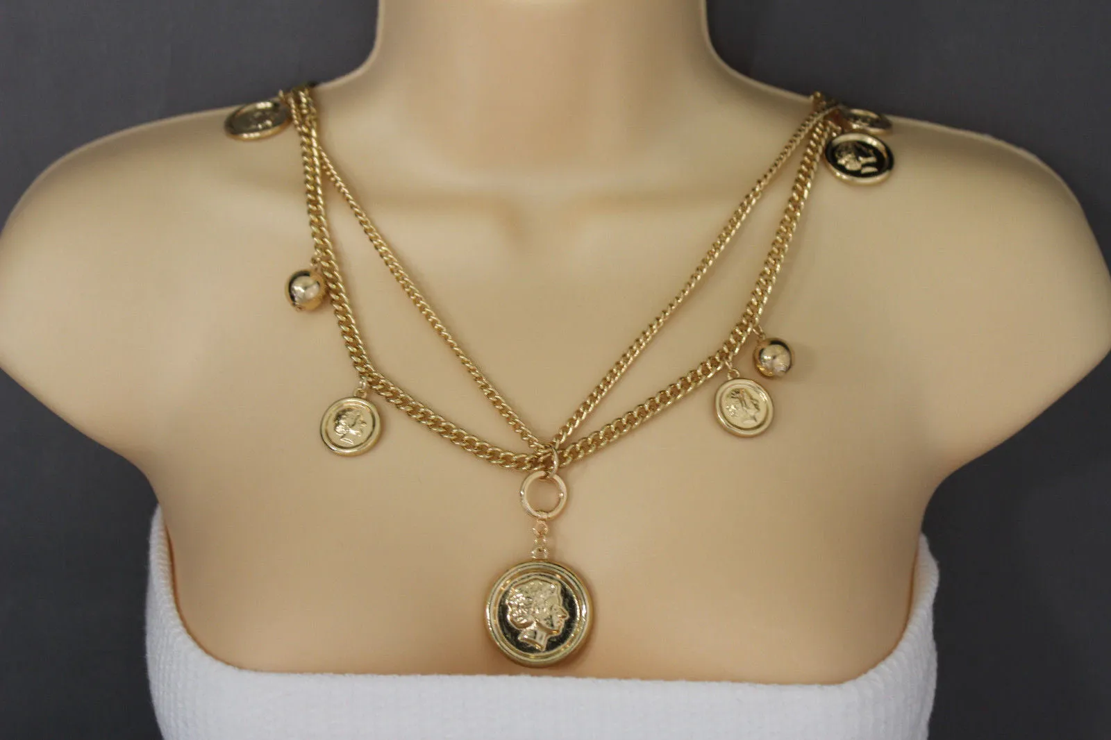 Gold Metal Chain Link Multi Coins 2 Strands Charms Long Necklace