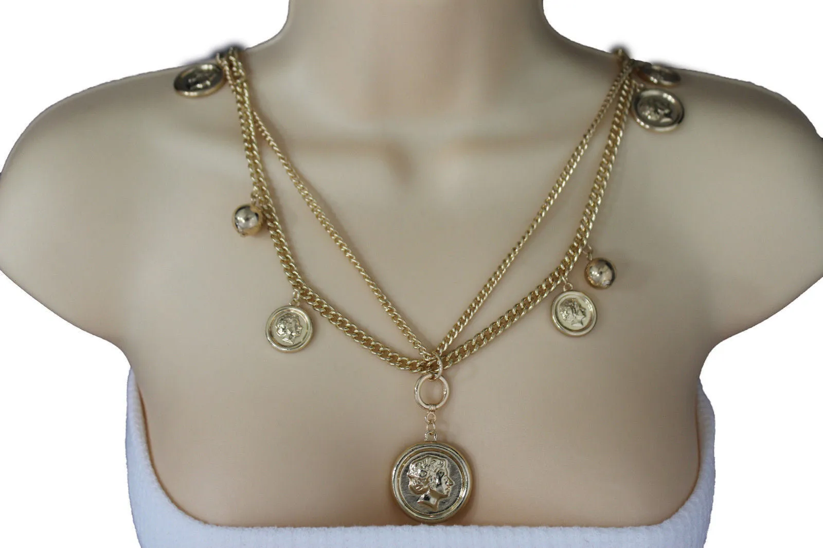 Gold Metal Chain Link Multi Coins 2 Strands Charms Long Necklace