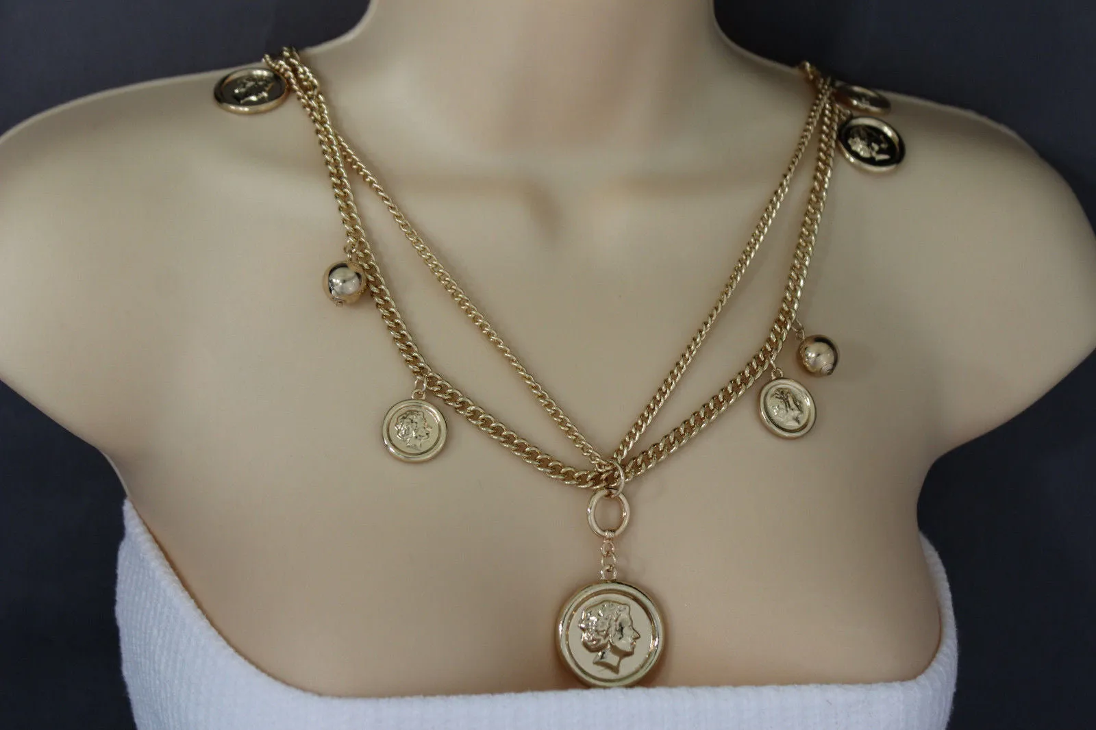 Gold Metal Chain Link Multi Coins 2 Strands Charms Long Necklace