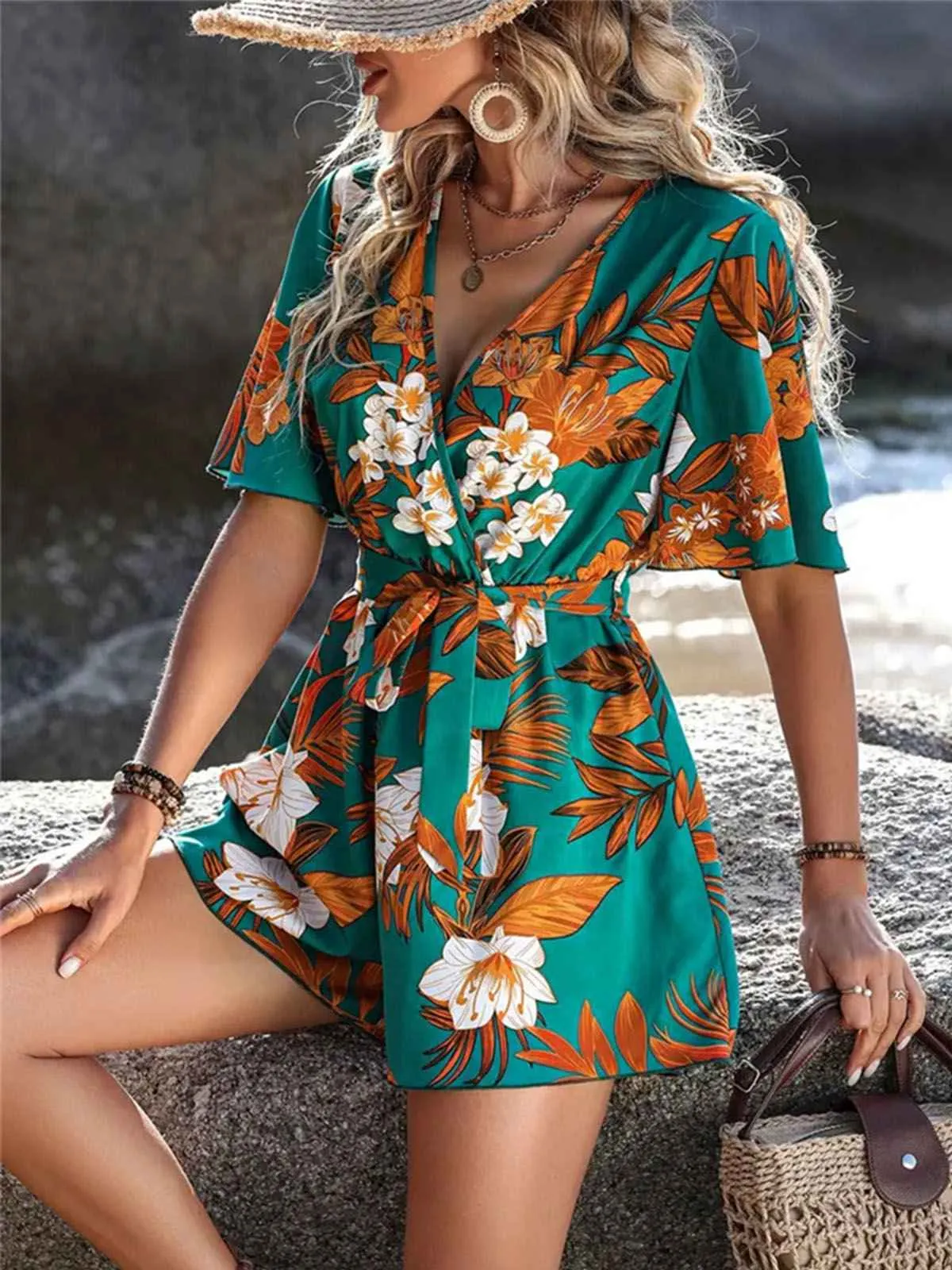 Green 1950s V-Neck Ruffle Sleeves Romper