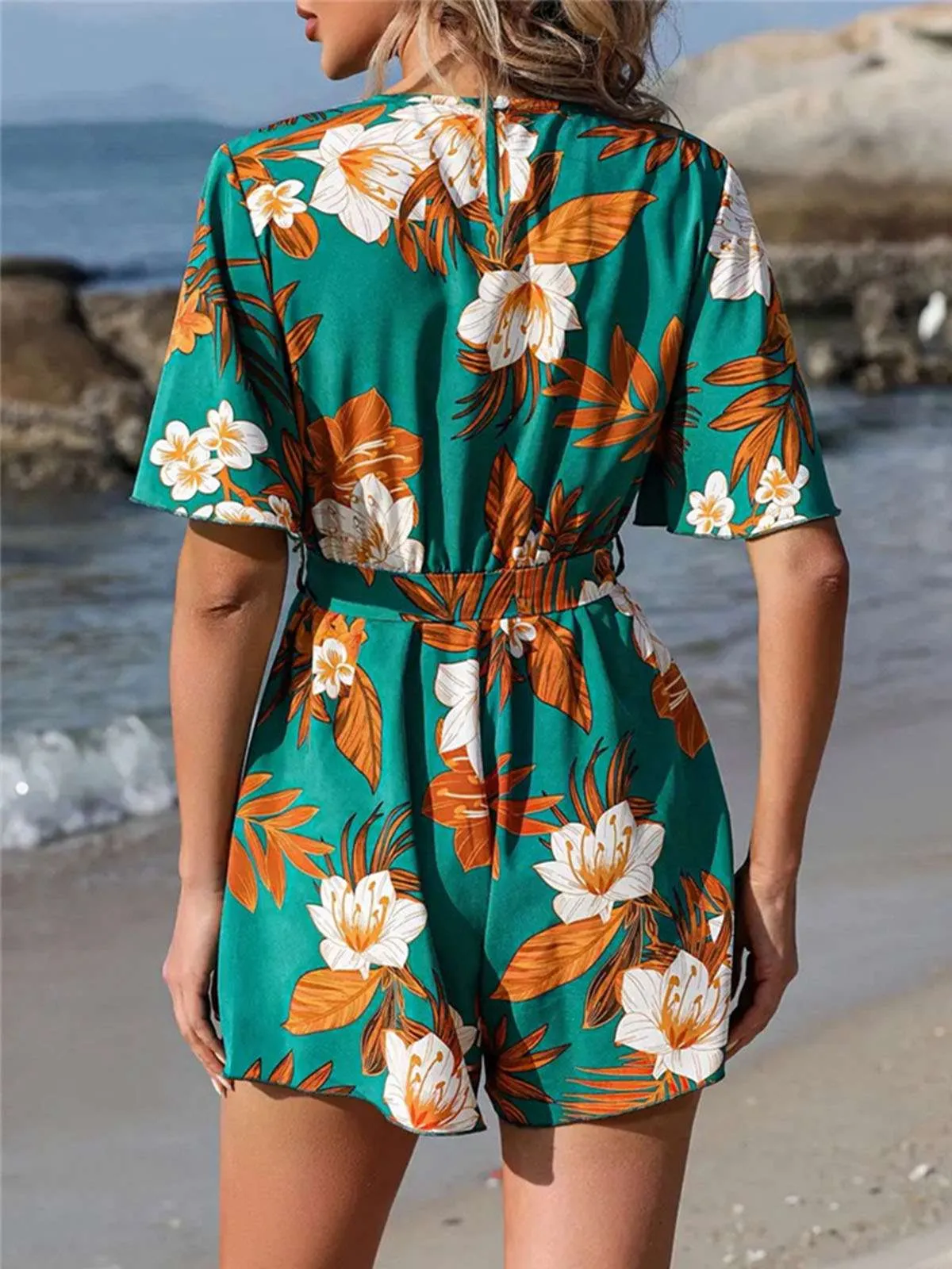 Green 1950s V-Neck Ruffle Sleeves Romper