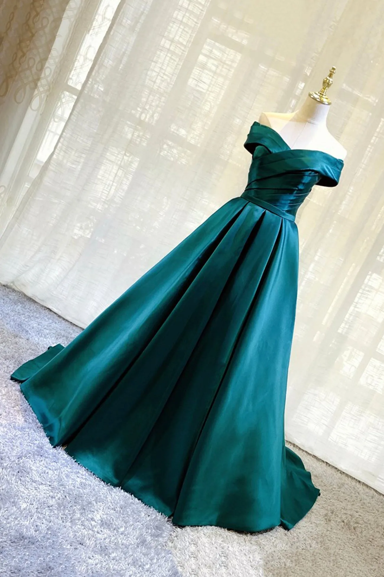 Green Satin Long A-Line Prom Dress, Simple Off the Shoulder Evening Dress