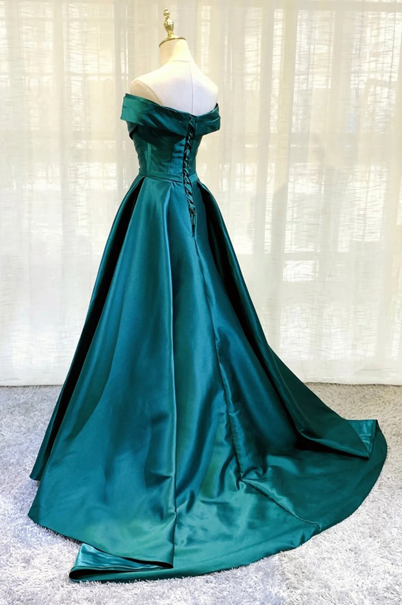 Green Satin Long A-Line Prom Dress, Simple Off the Shoulder Evening Dress