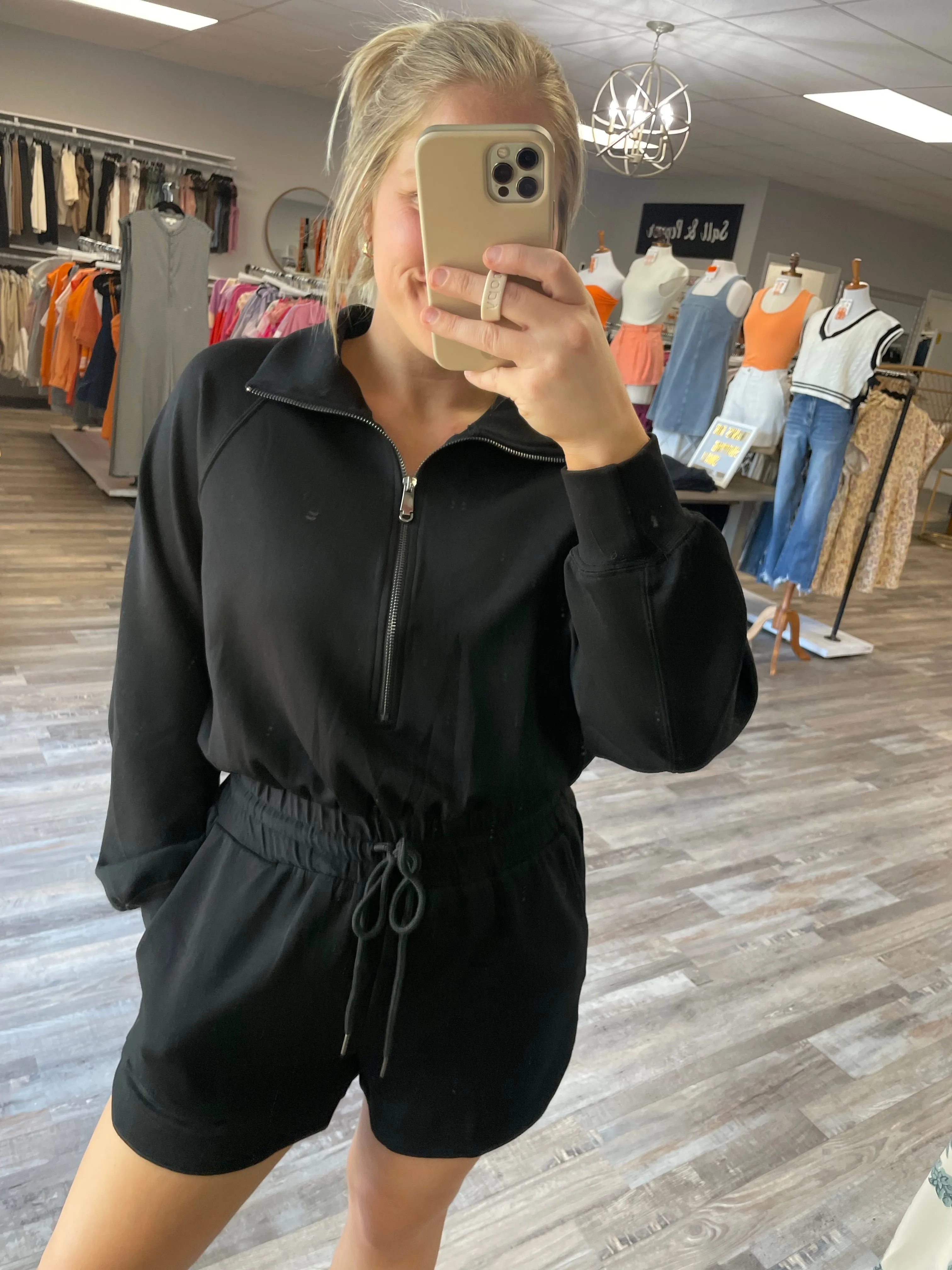 Half Zip Sweatshirt Romper - Black