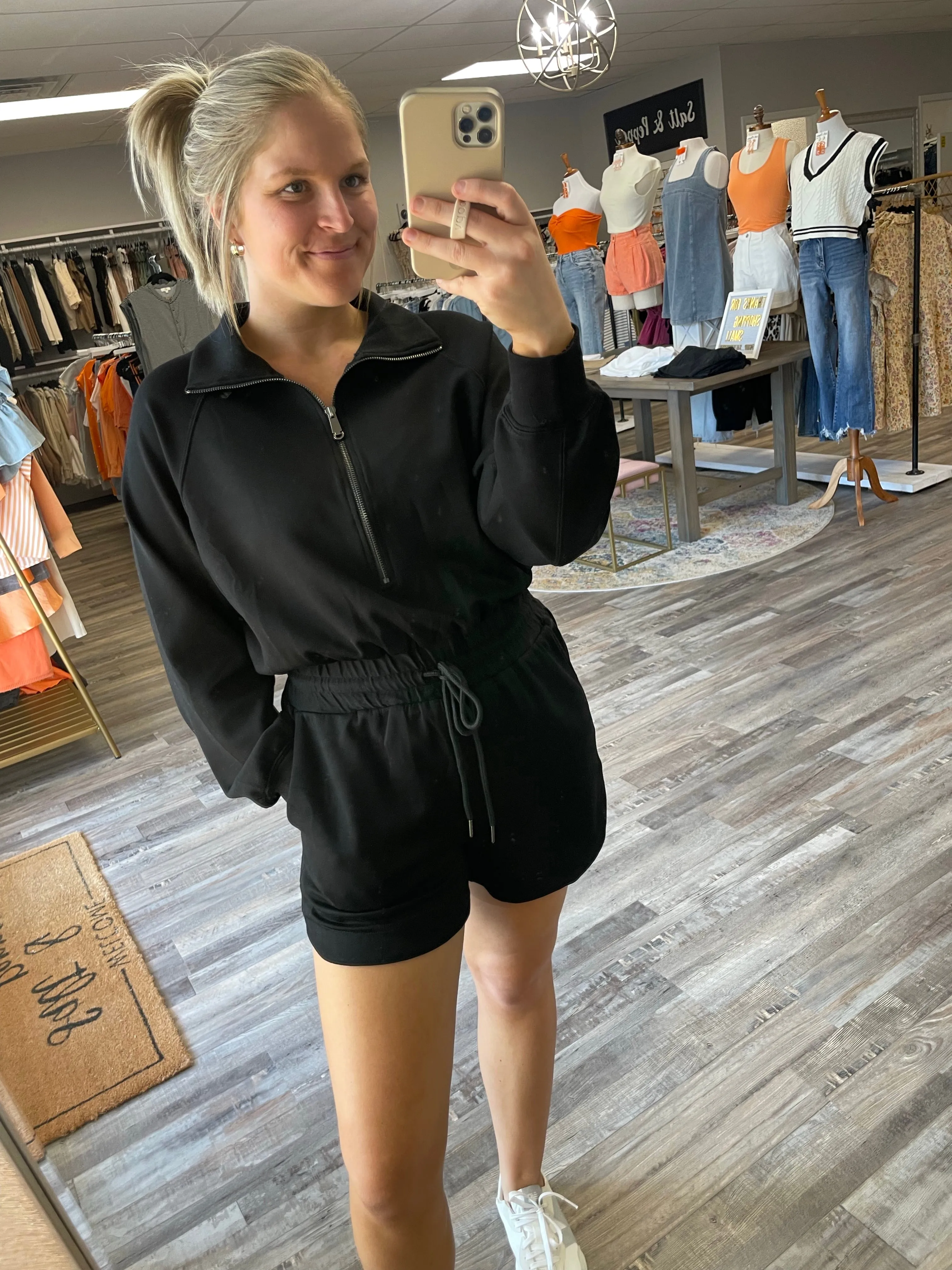 Half Zip Sweatshirt Romper - Black