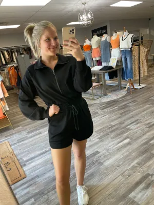 Half Zip Sweatshirt Romper - Black