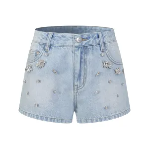 Hand-stitched Rhinestone Denim Shorts Blue