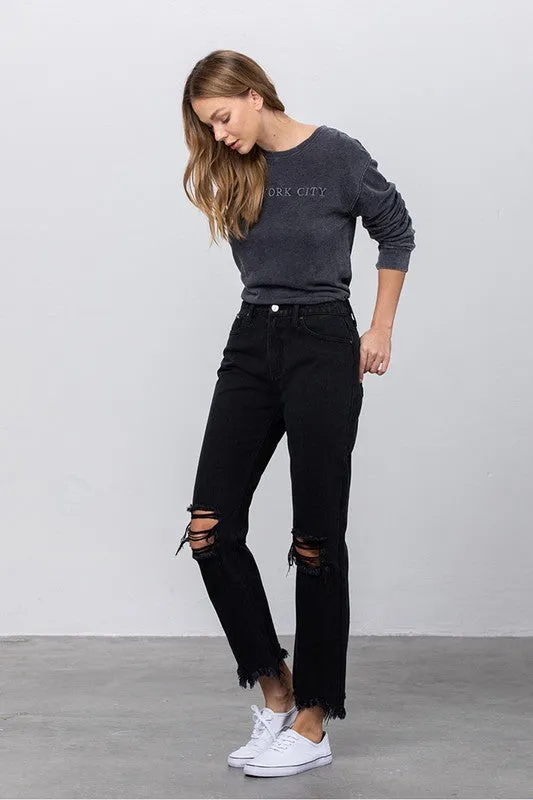 High Waist Ripped Frayed Hem Straight Jeans -online exclusive