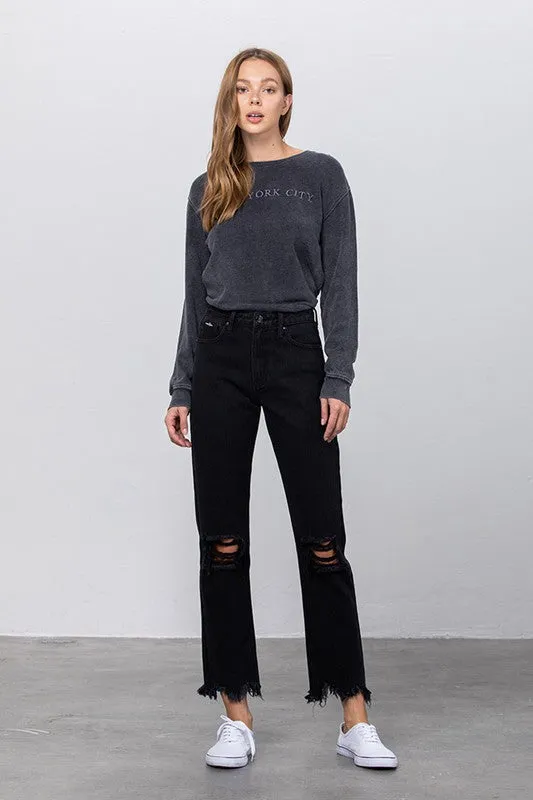 High Waist Ripped Frayed Hem Straight Jeans -online exclusive