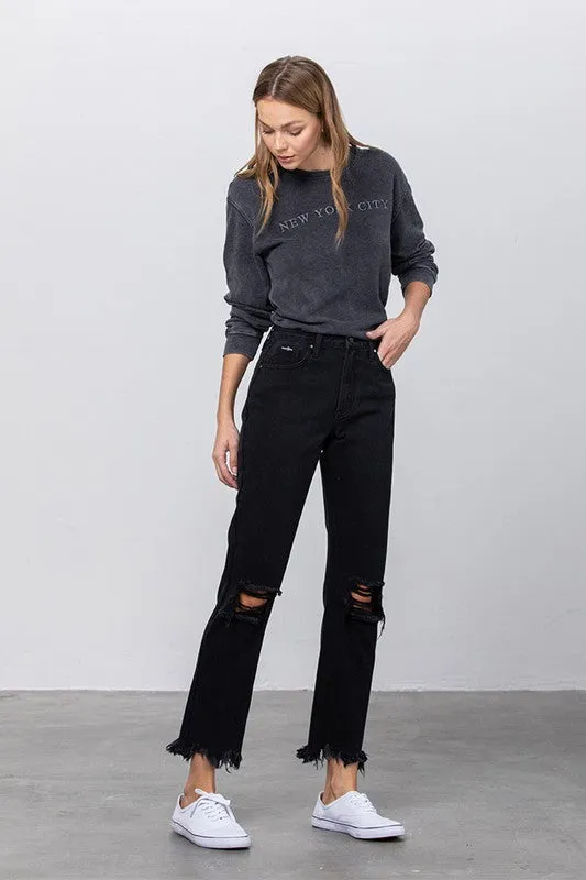 High Waist Ripped Frayed Hem Straight Jeans -online exclusive