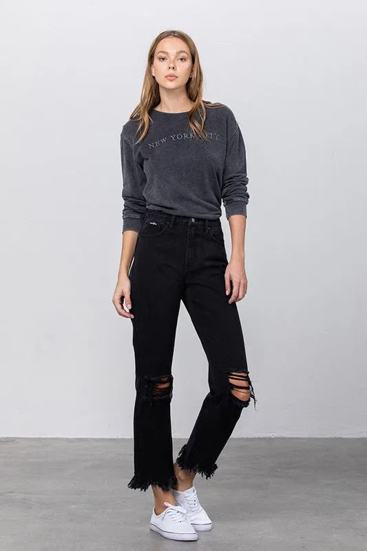 High Waist Ripped Frayed Hem Straight Jeans -online exclusive