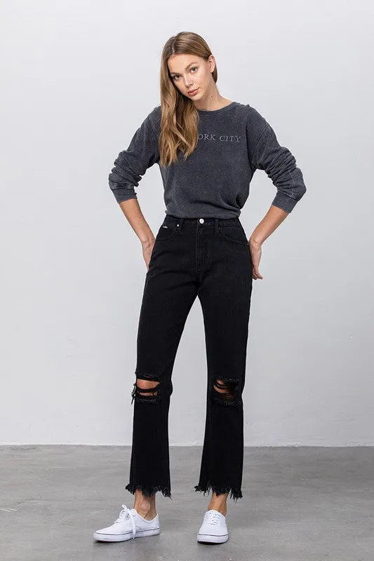 High Waist Ripped Frayed Hem Straight Jeans -online exclusive