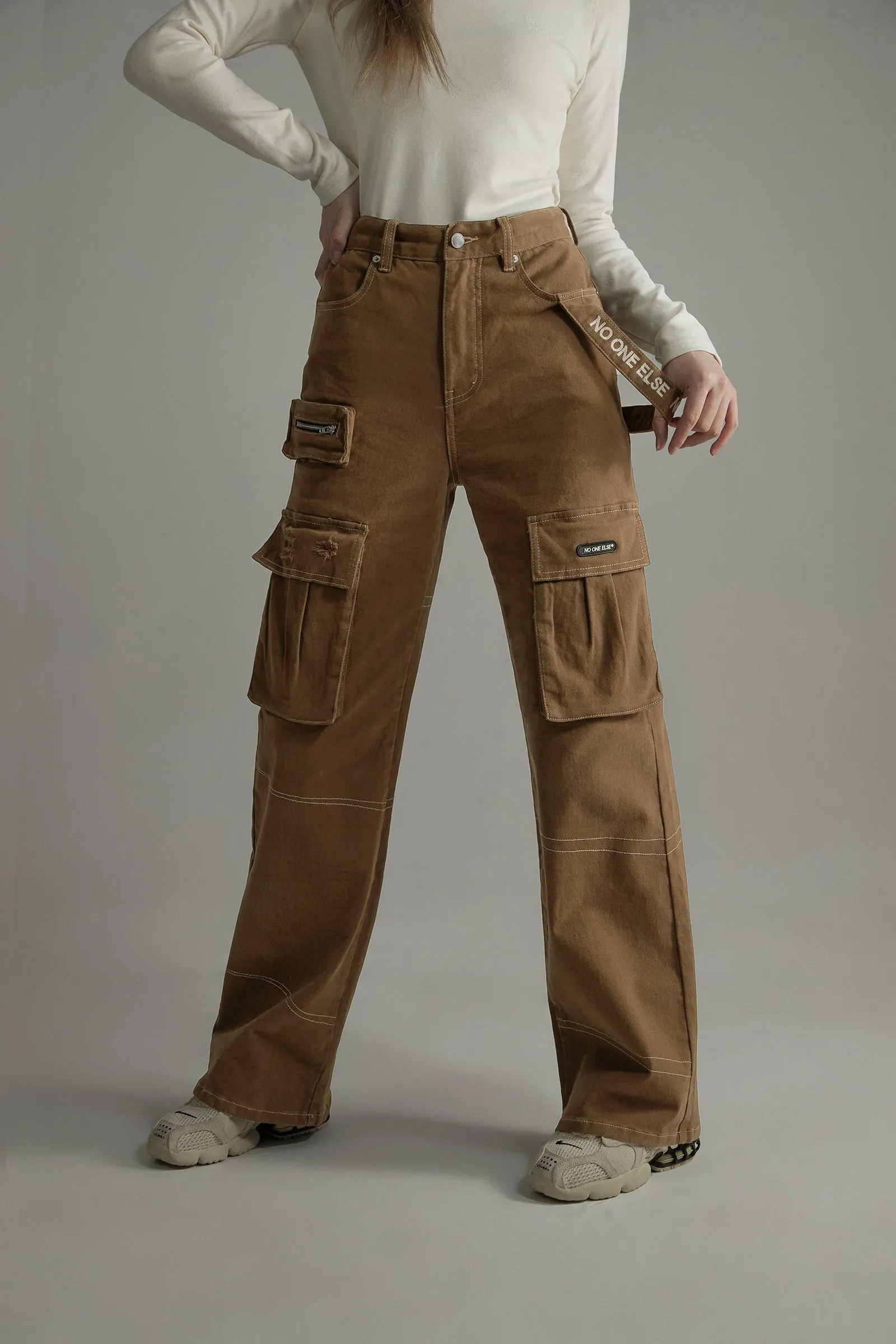 High-Waisted Cargo Straight Pants