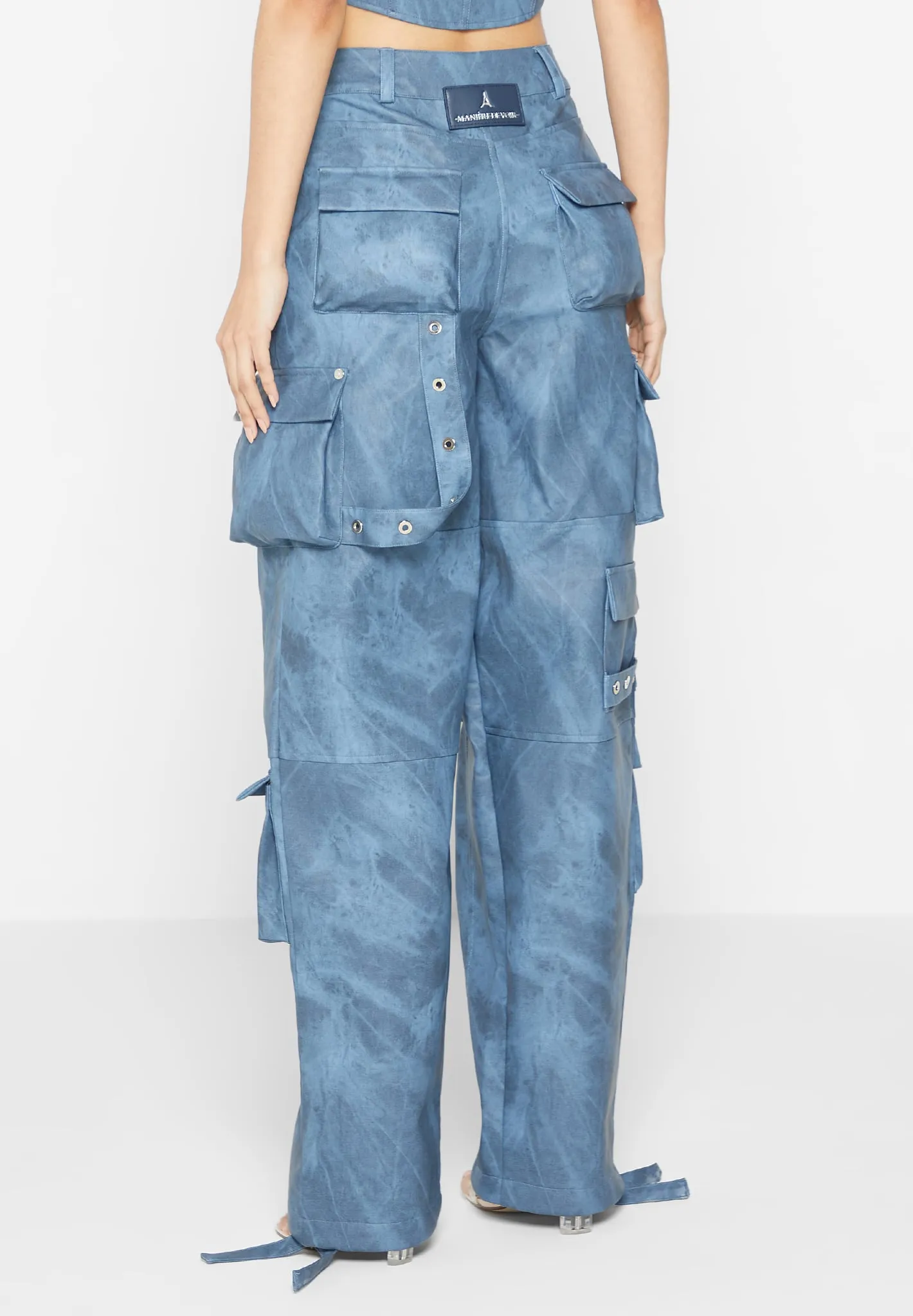 High Waisted Vintage Marble Leather Cargo Pants - Washed Blue