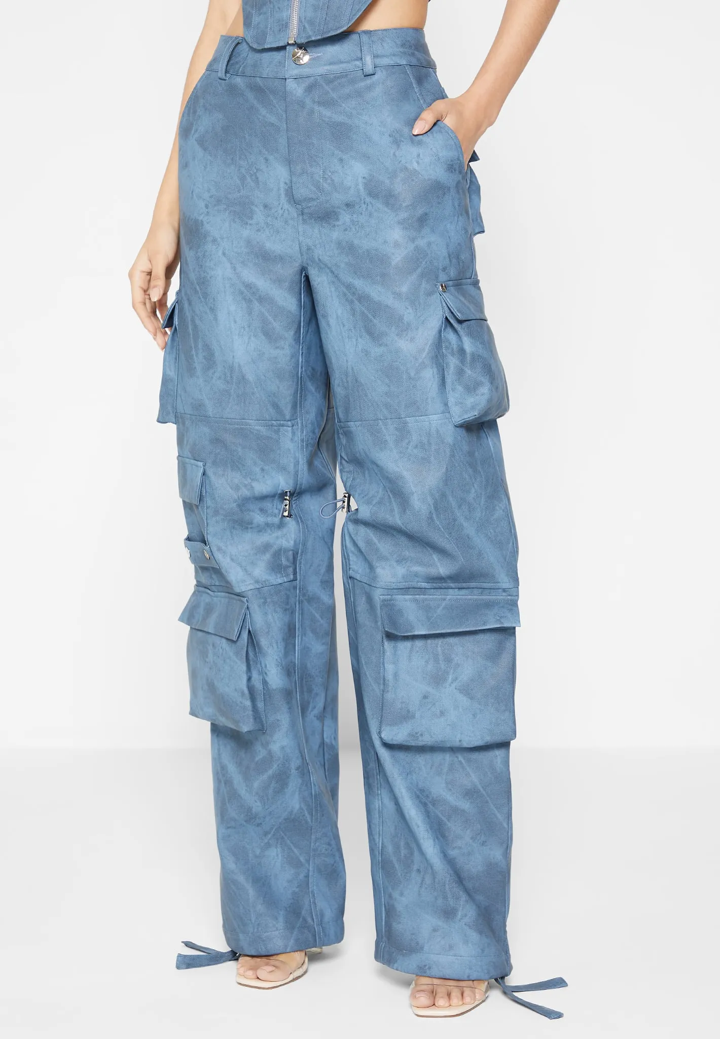 High Waisted Vintage Marble Leather Cargo Pants - Washed Blue