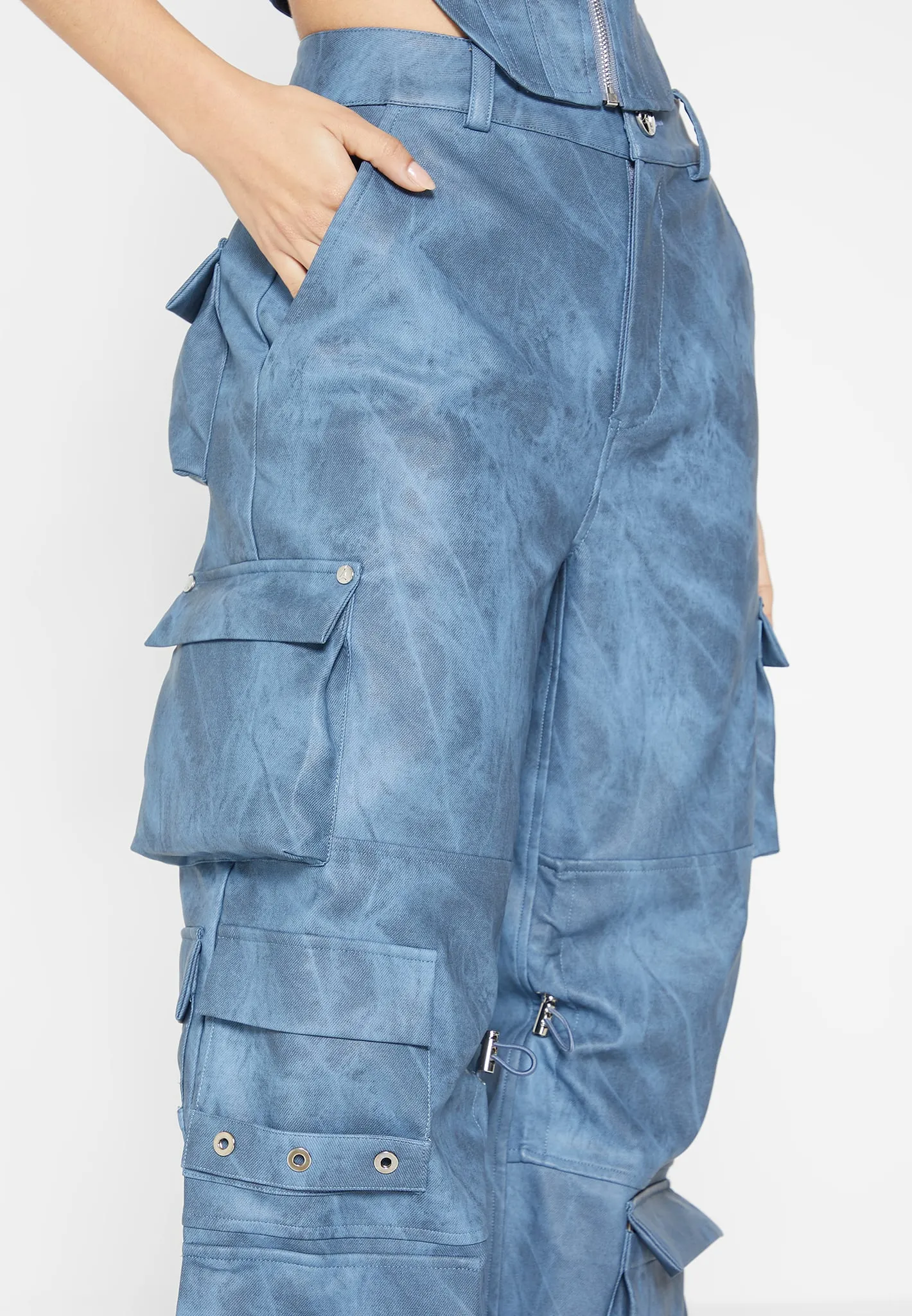 High Waisted Vintage Marble Leather Cargo Pants - Washed Blue