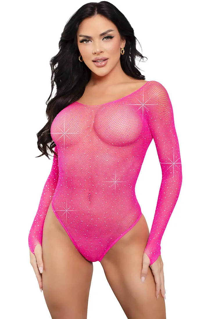 Hot neon pink bodysuit with rhinestones - Pink Pleasure