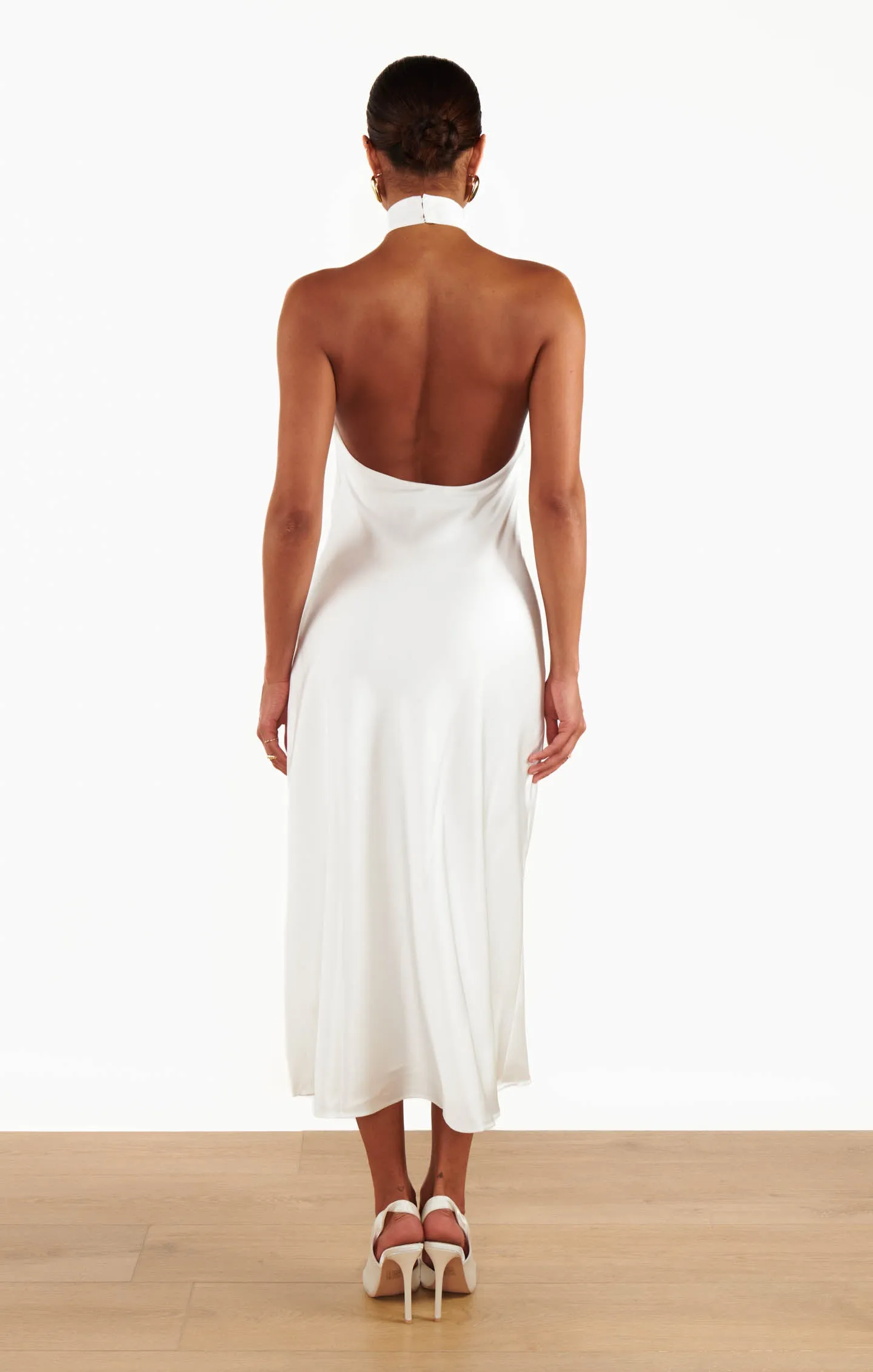 Jasmine Halter Midi Dress ~ Ivory Luxe Satin