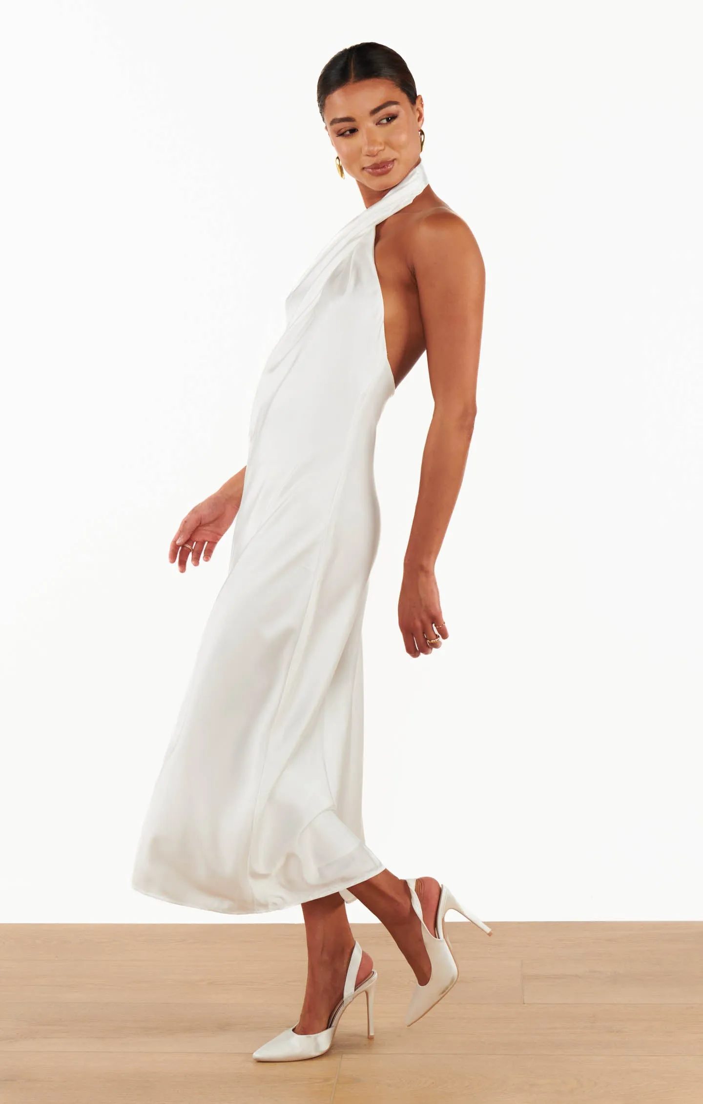 Jasmine Halter Midi Dress ~ Ivory Luxe Satin