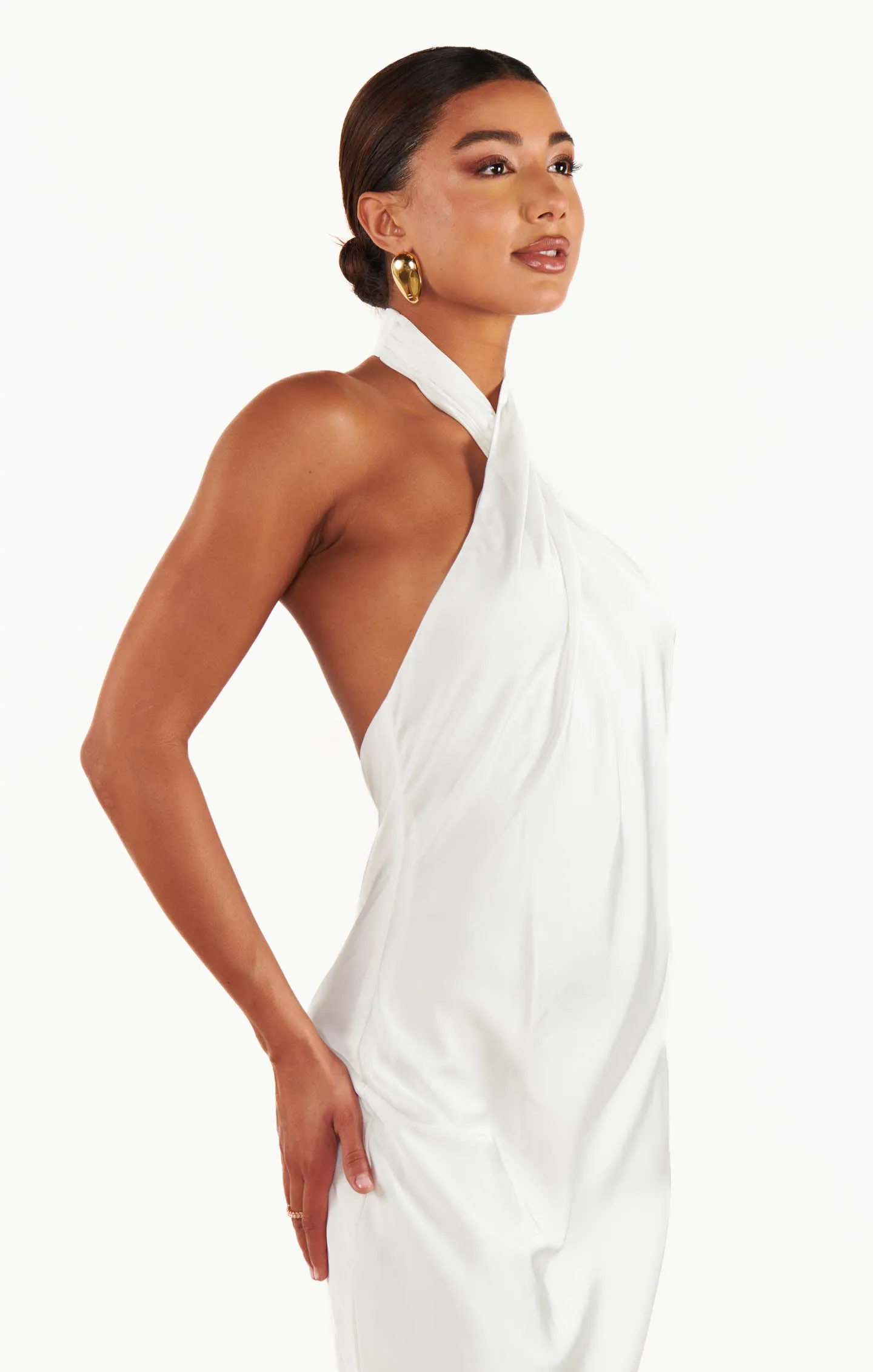 Jasmine Halter Midi Dress ~ Ivory Luxe Satin