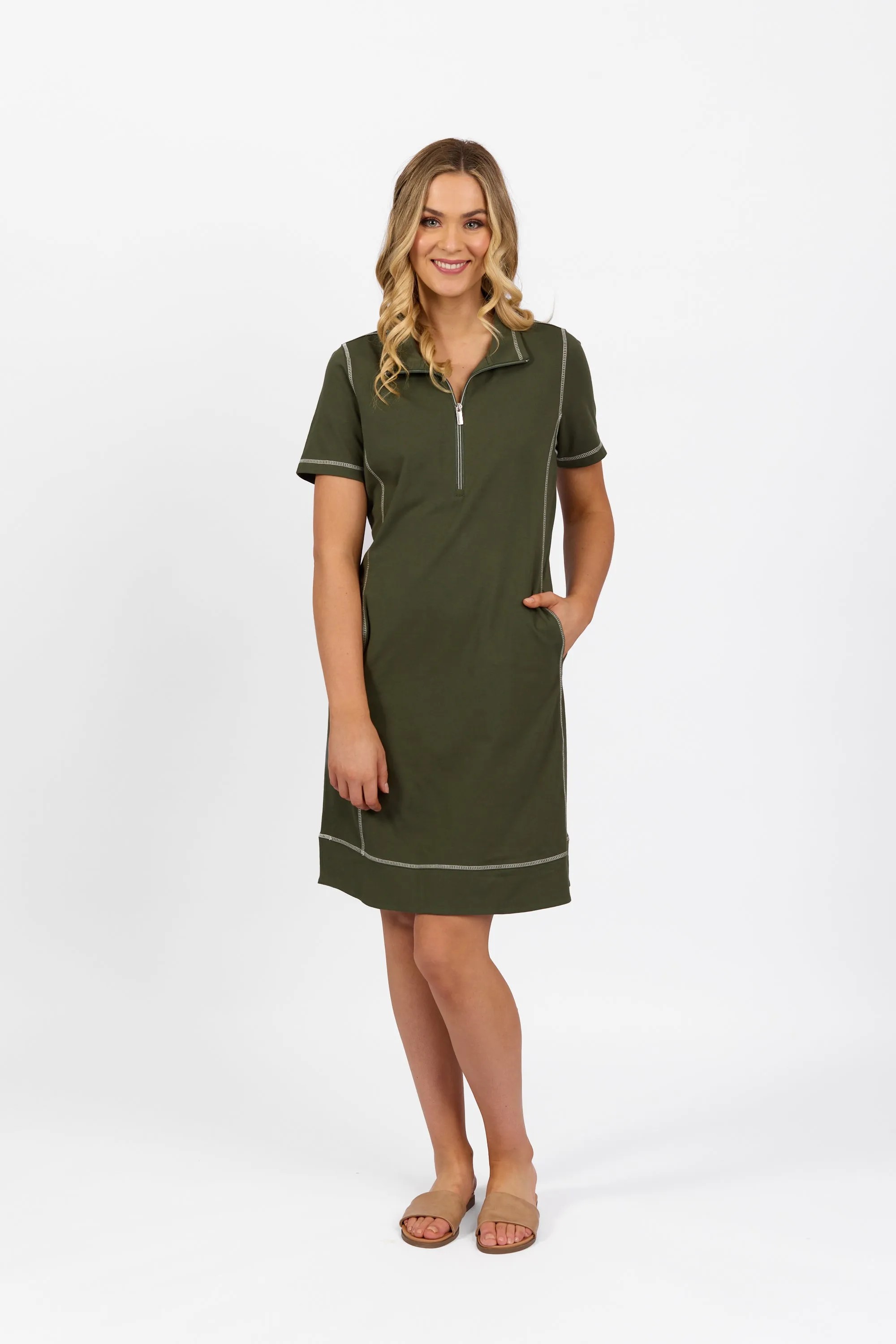 Khaki Short Sleeve Contrast Stitch Knit Dress with Zip Front Neck