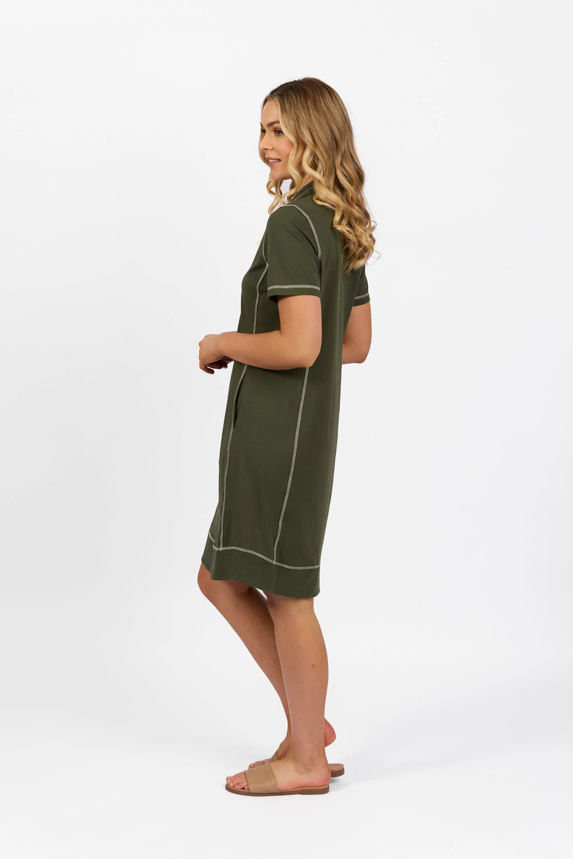 Khaki Short Sleeve Contrast Stitch Knit Dress with Zip Front Neck