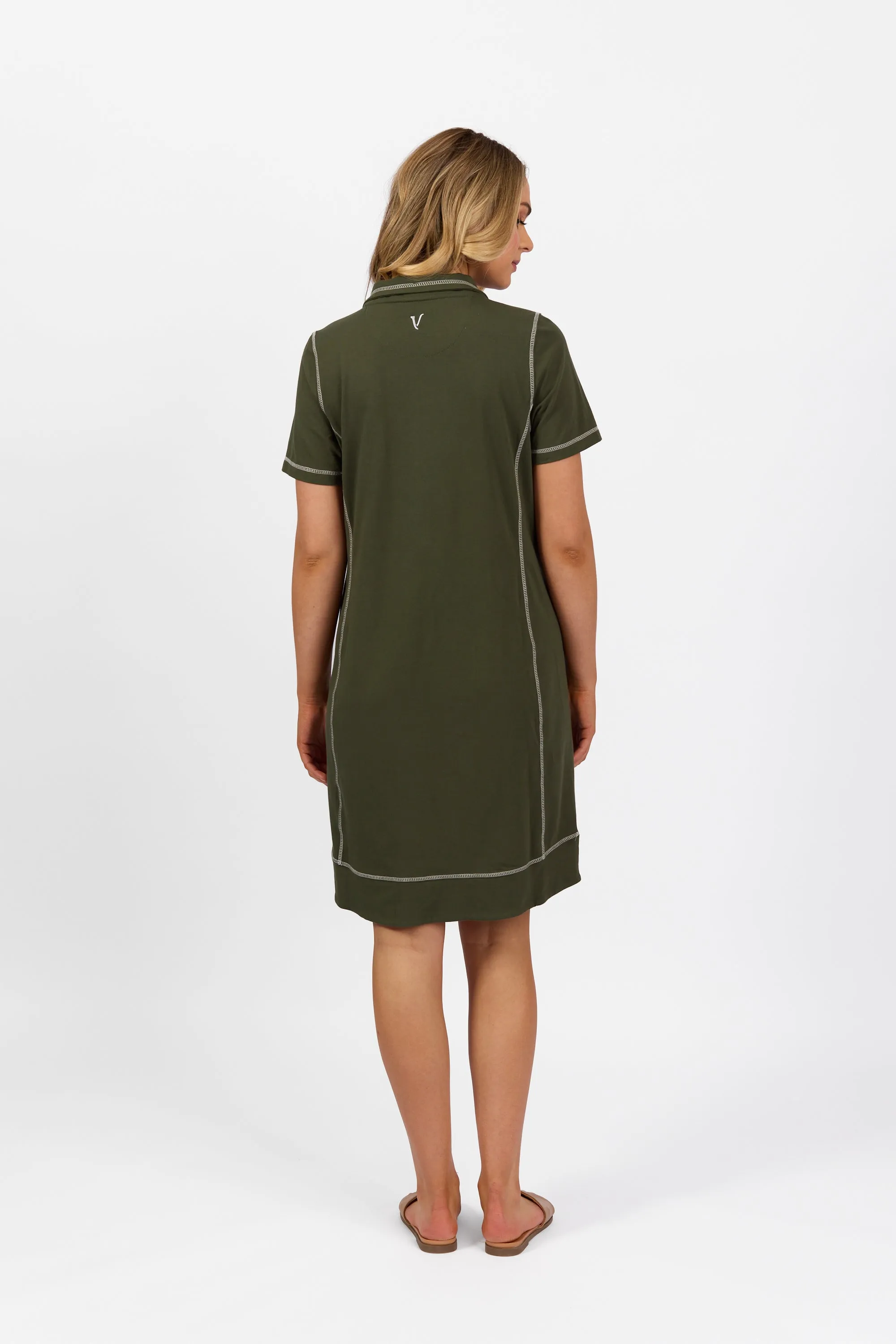 Khaki Short Sleeve Contrast Stitch Knit Dress with Zip Front Neck