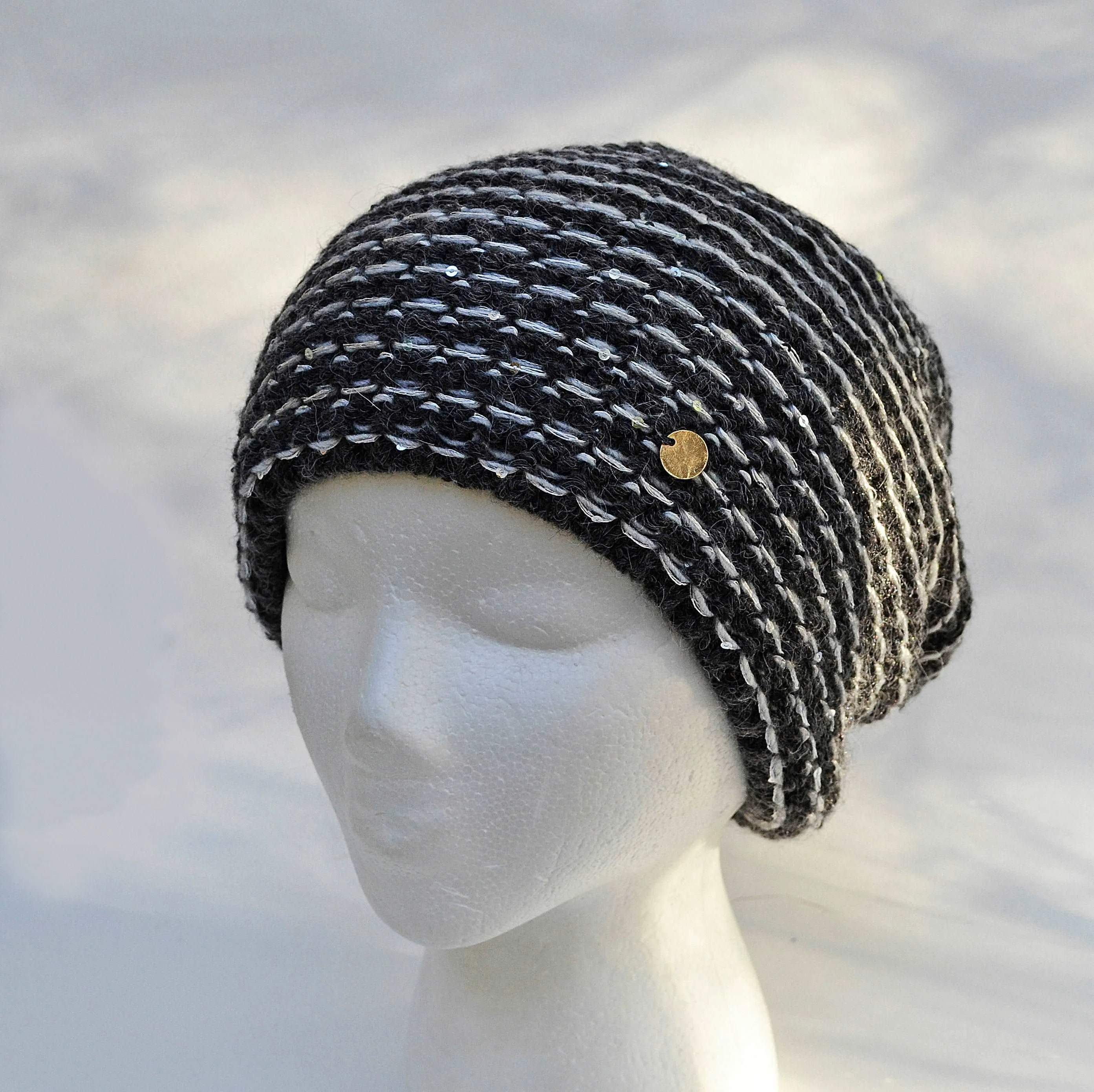 KNITTED SLOUCHY BEANIE Girl Slouchy Knitted Wool  Winter Woman Hat Shiny Sequin Gift for Her Wool Accessories Chunky Hat Fleece Lining Cap