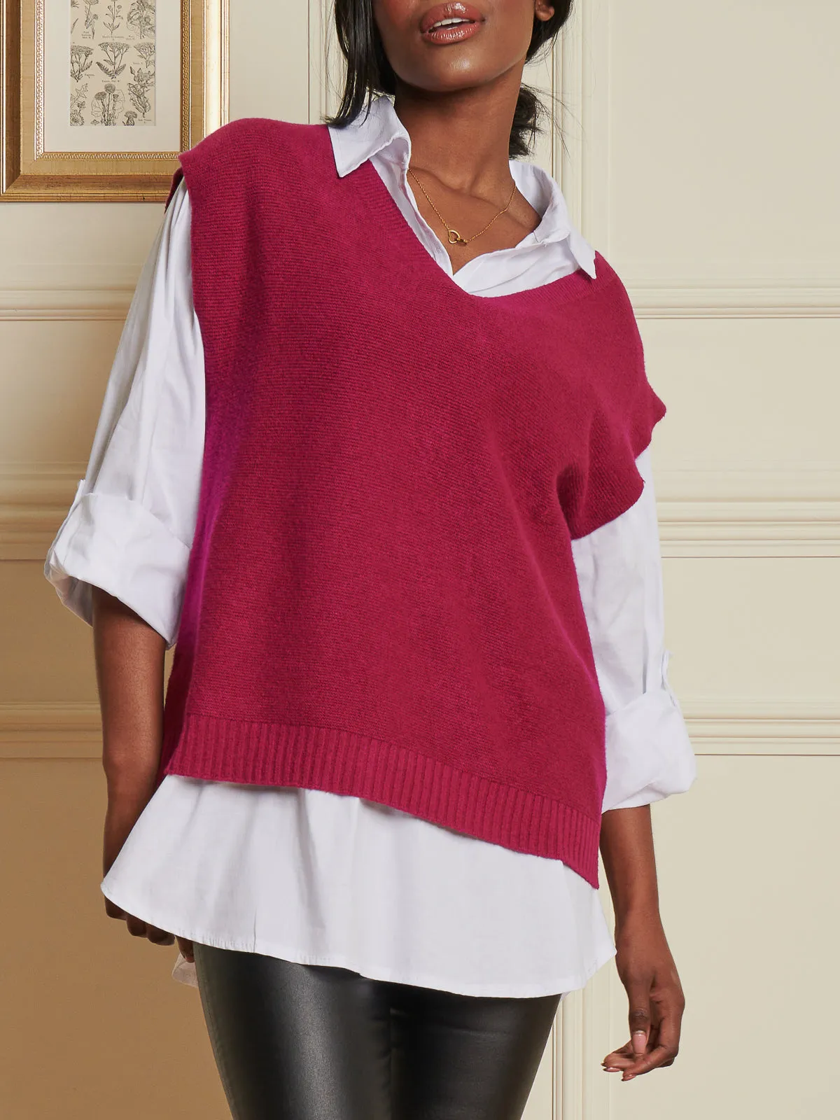 Knitted V-Neck Jumper Vest, Fuschia