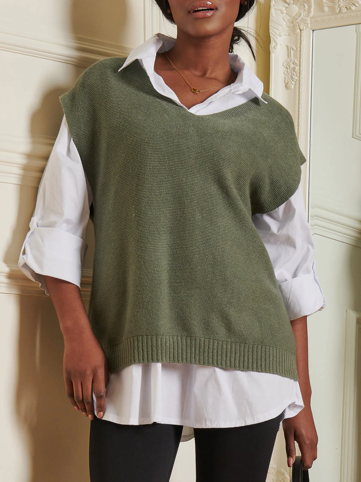 Knitted V-Neck Jumper Vest, Soldier Green