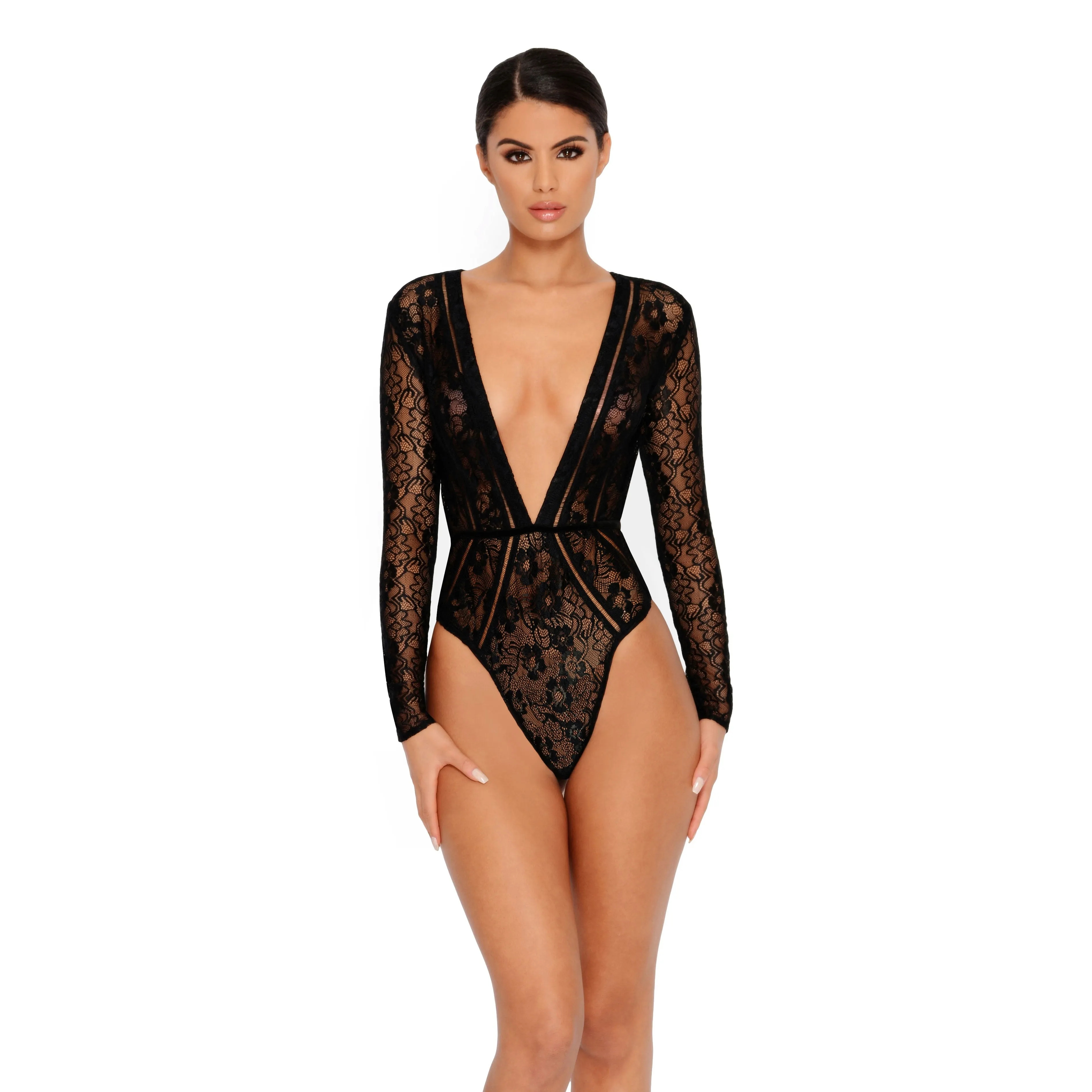 Lace Be Honest Long Sleeve Plunge Bodysuit in Black