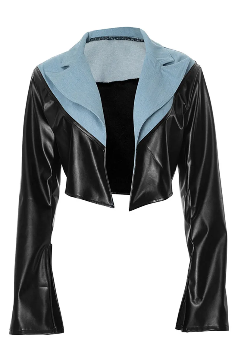 Lapel Leather Slit Sleeve Crop Jacket