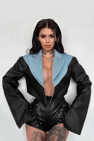 Lapel Leather Slit Sleeve Crop Jacket