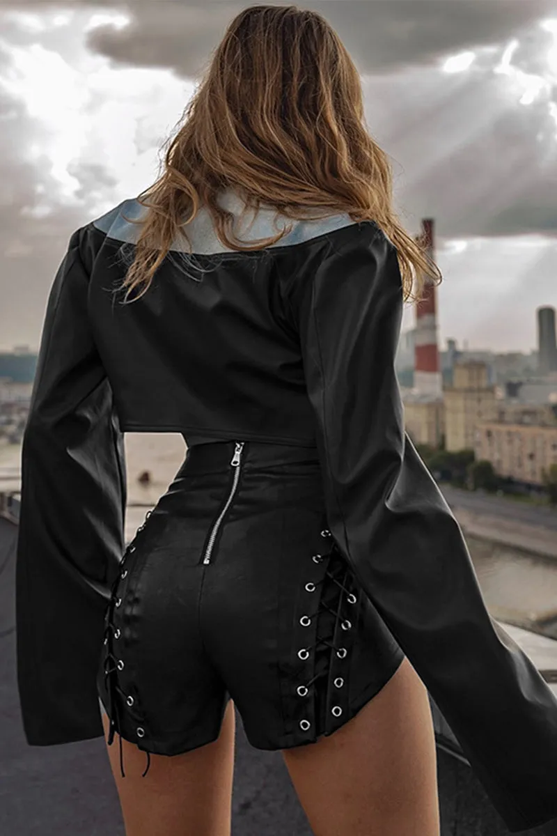 Lapel Leather Slit Sleeve Crop Jacket