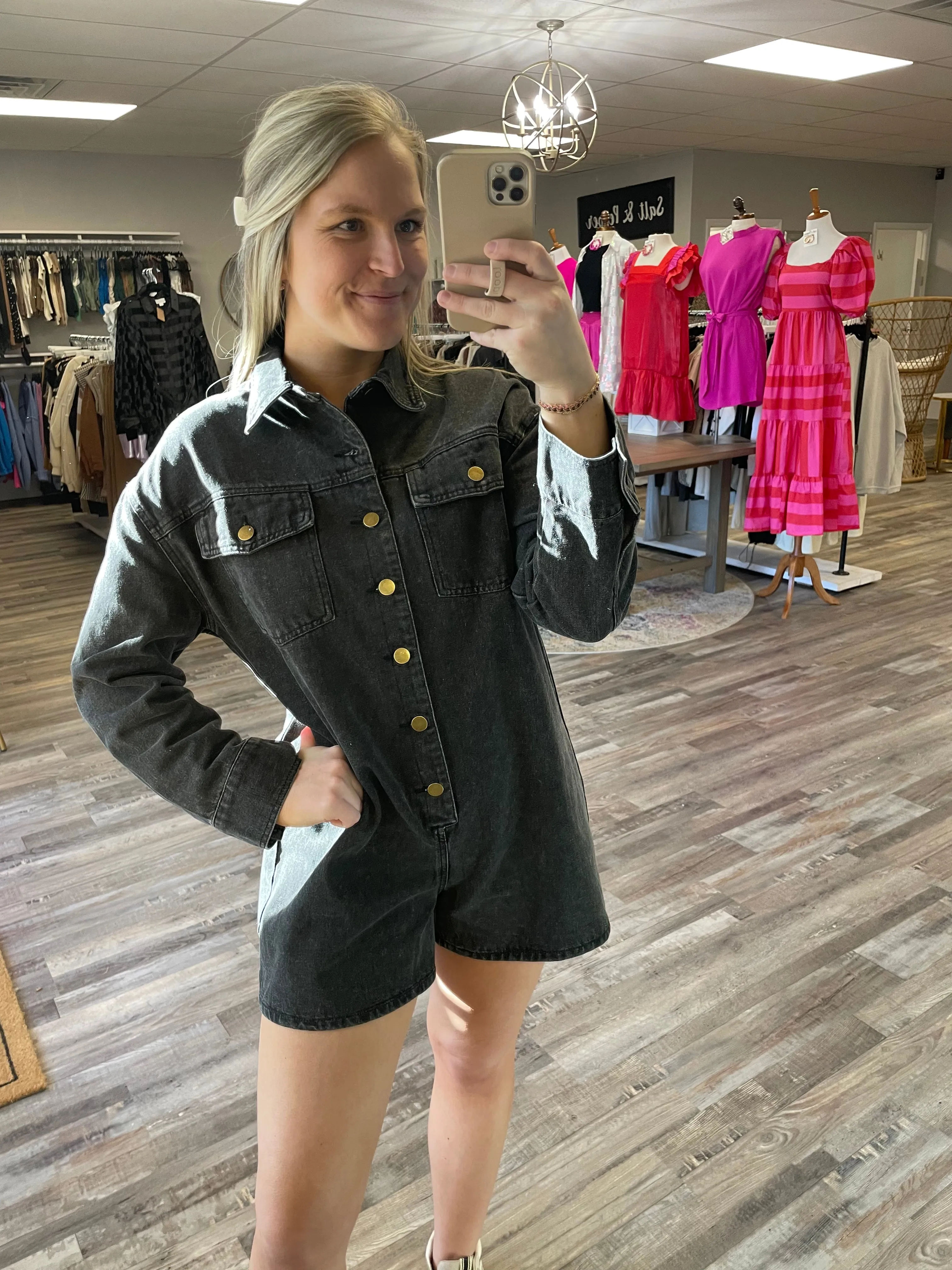 Long Sleeve Button Up Denim Romper - Black