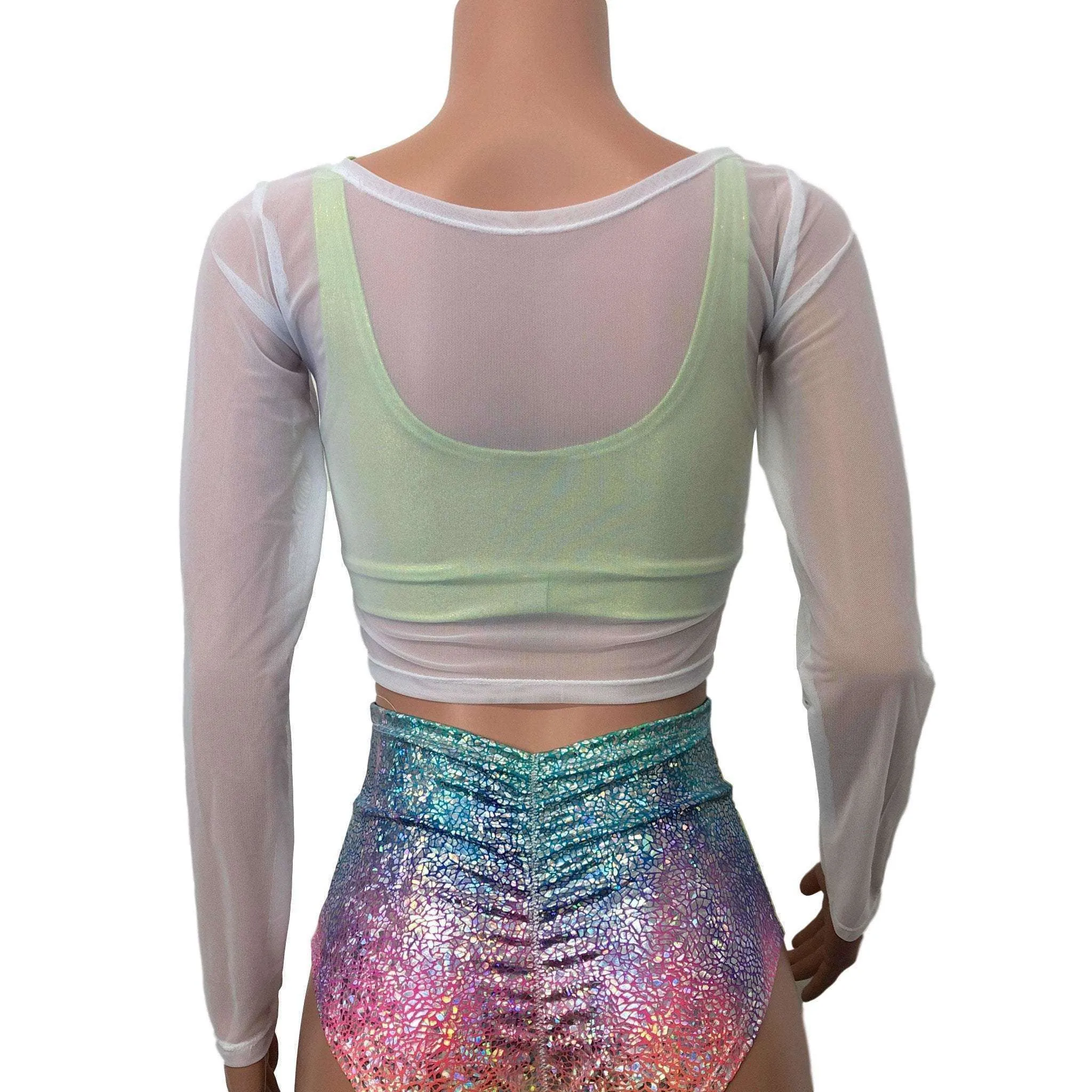 Long Sleeve Crop Top - White Mesh