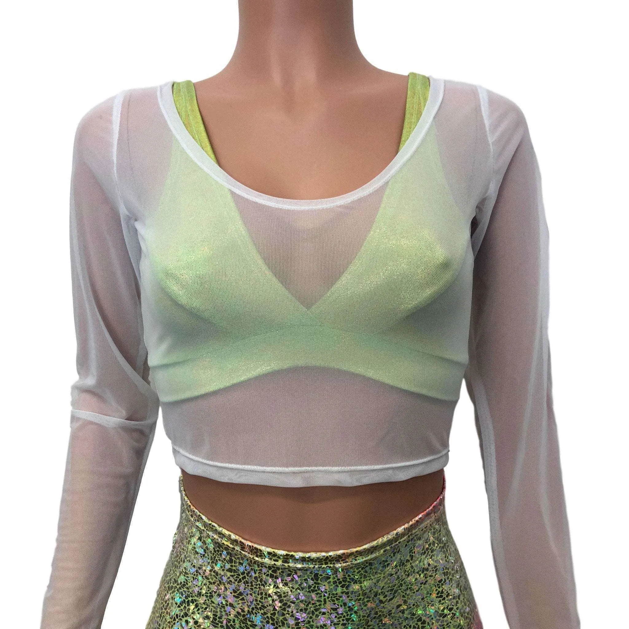 Long Sleeve Crop Top - White Mesh