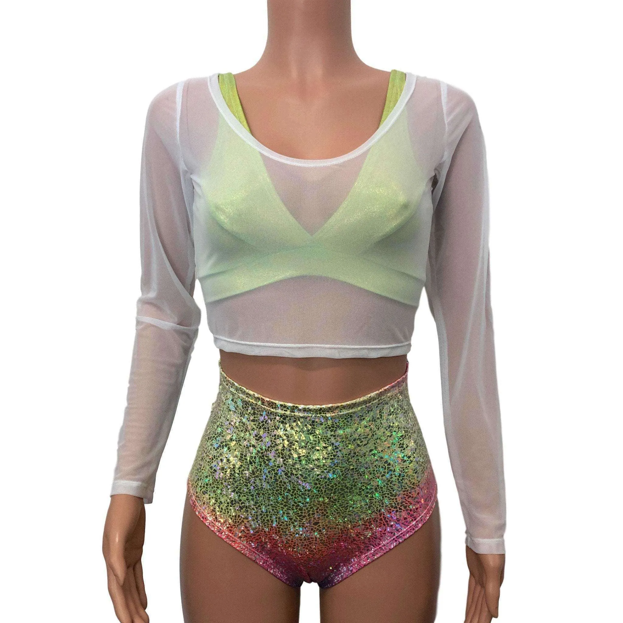 Long Sleeve Crop Top - White Mesh