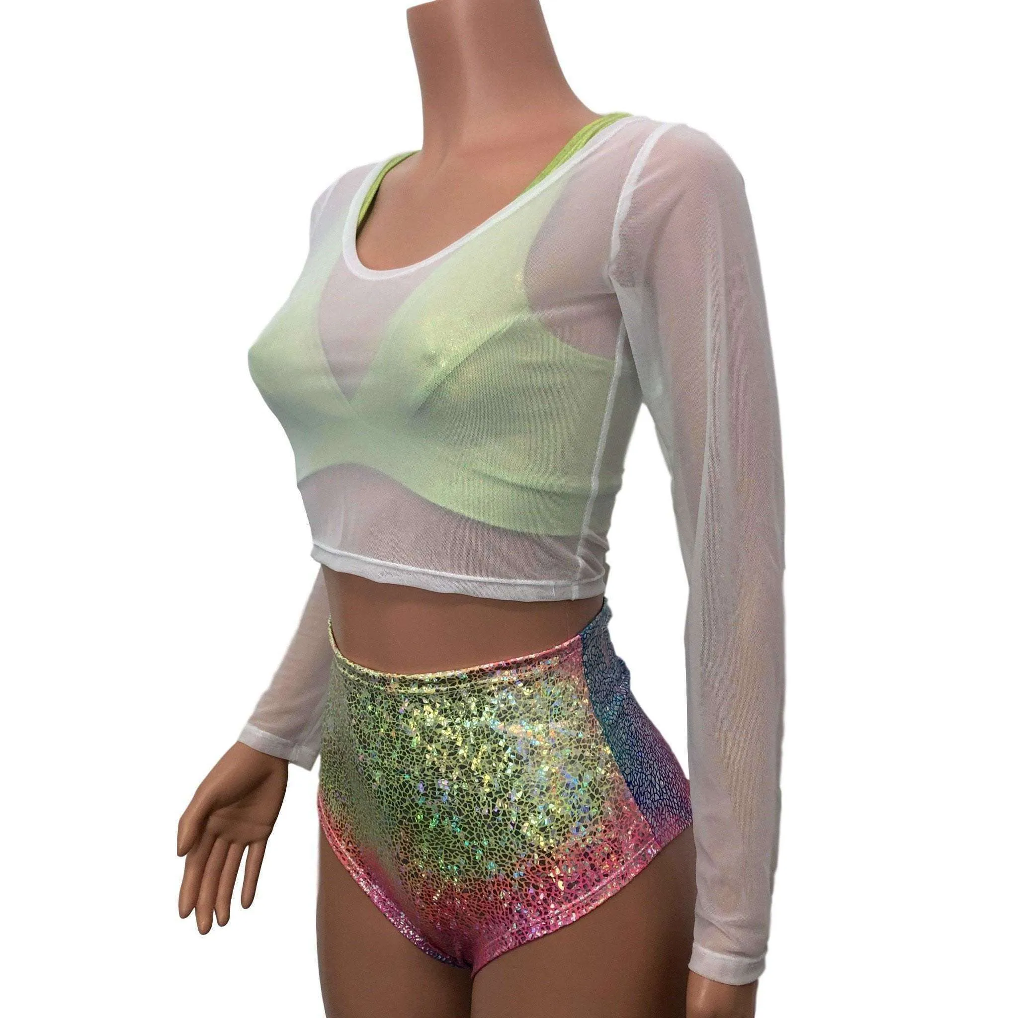 Long Sleeve Crop Top - White Mesh