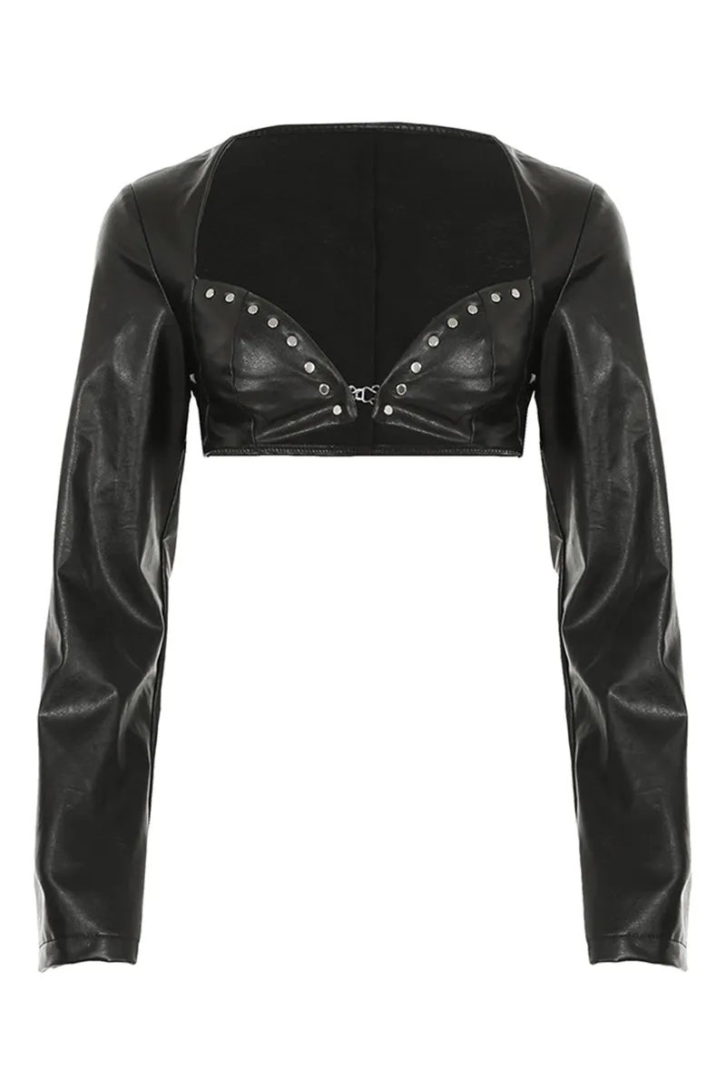 Long Sleeve Studded Sweetheart Leather Crop Jacket