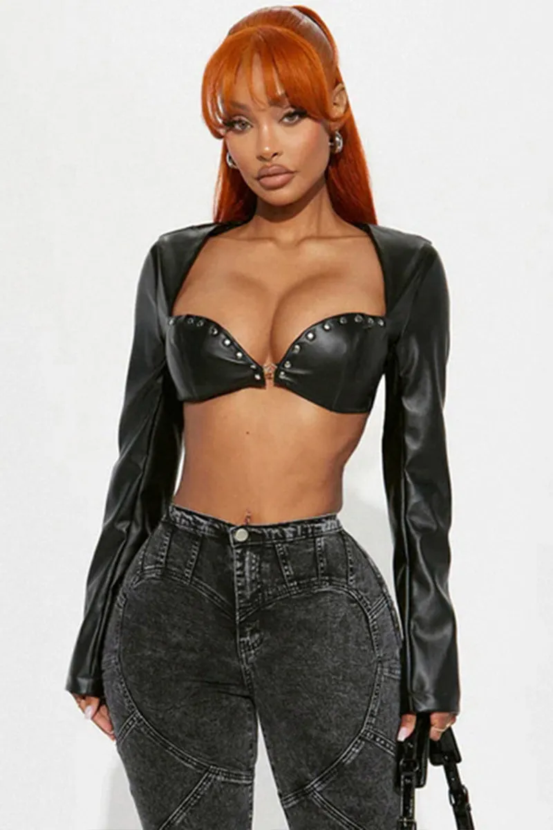 Long Sleeve Studded Sweetheart Leather Crop Jacket