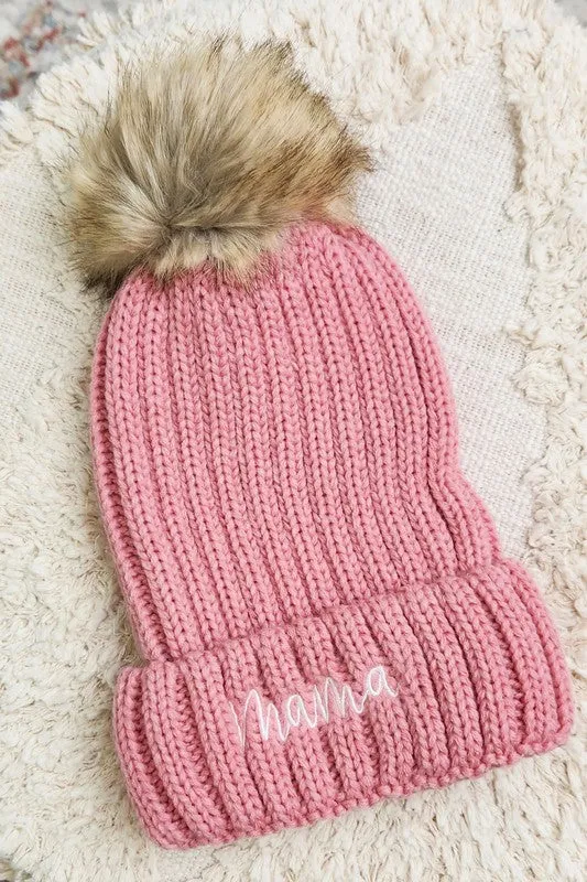 Mama Embroidered Faux Fur Pom Beanie Cap